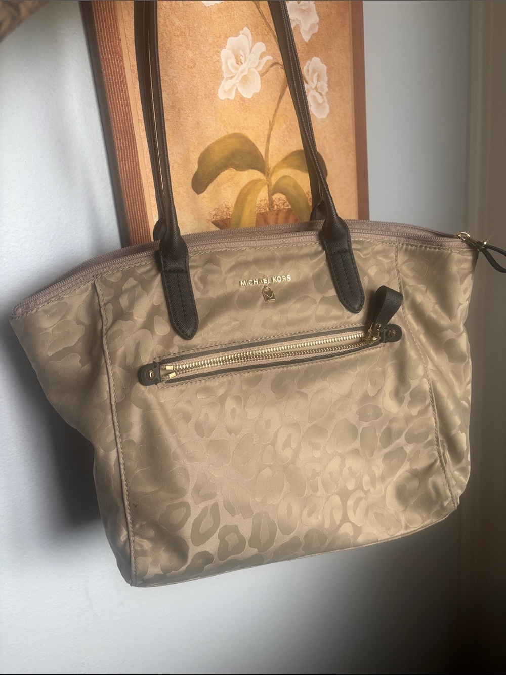 Michael Kors Taupe Leopard-Print Nylon Tote with Dark Brown Handles